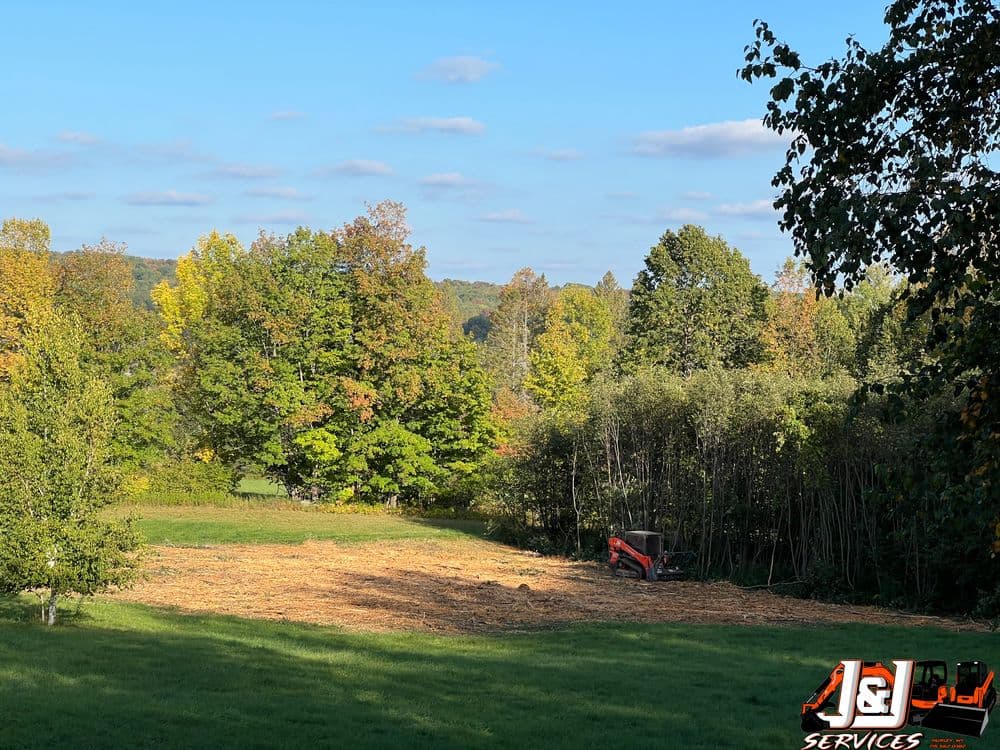 Cleared field with vibrant autumn trees and a tractor in the distance under a clear blue sky.