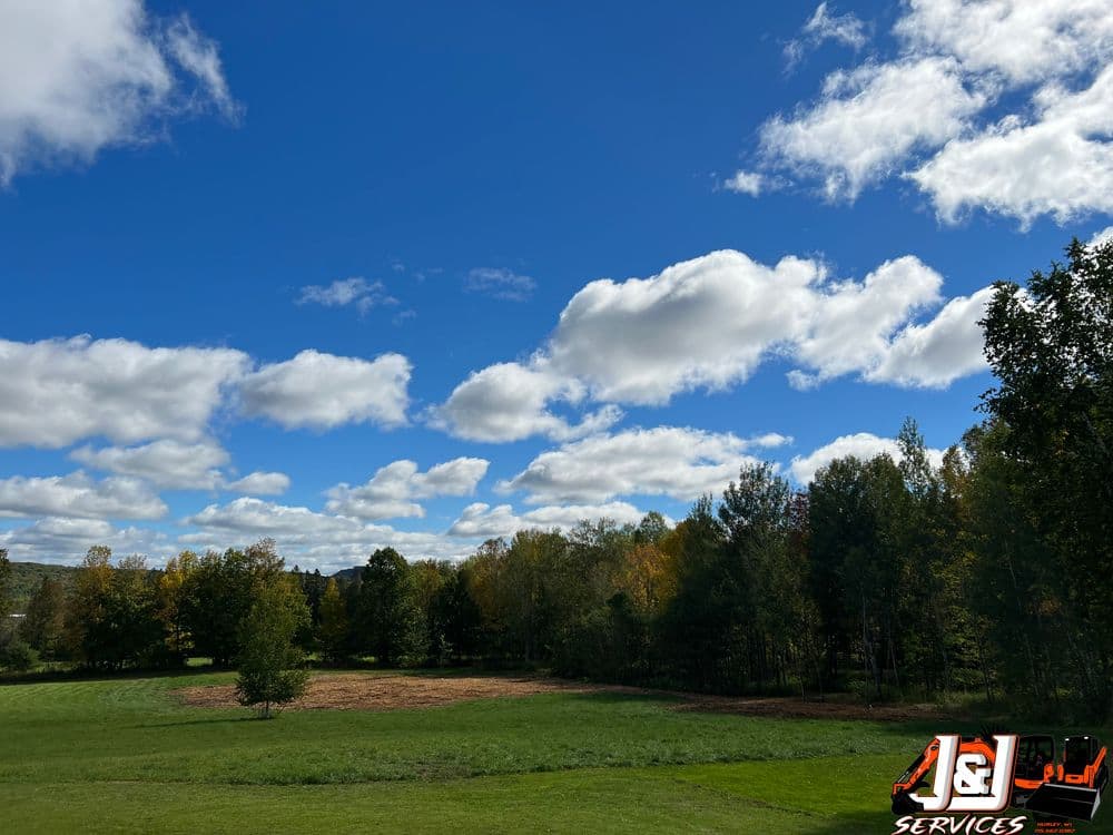 Lush green field under a bright blue sky with fluffy clouds and scattered autumn trees.