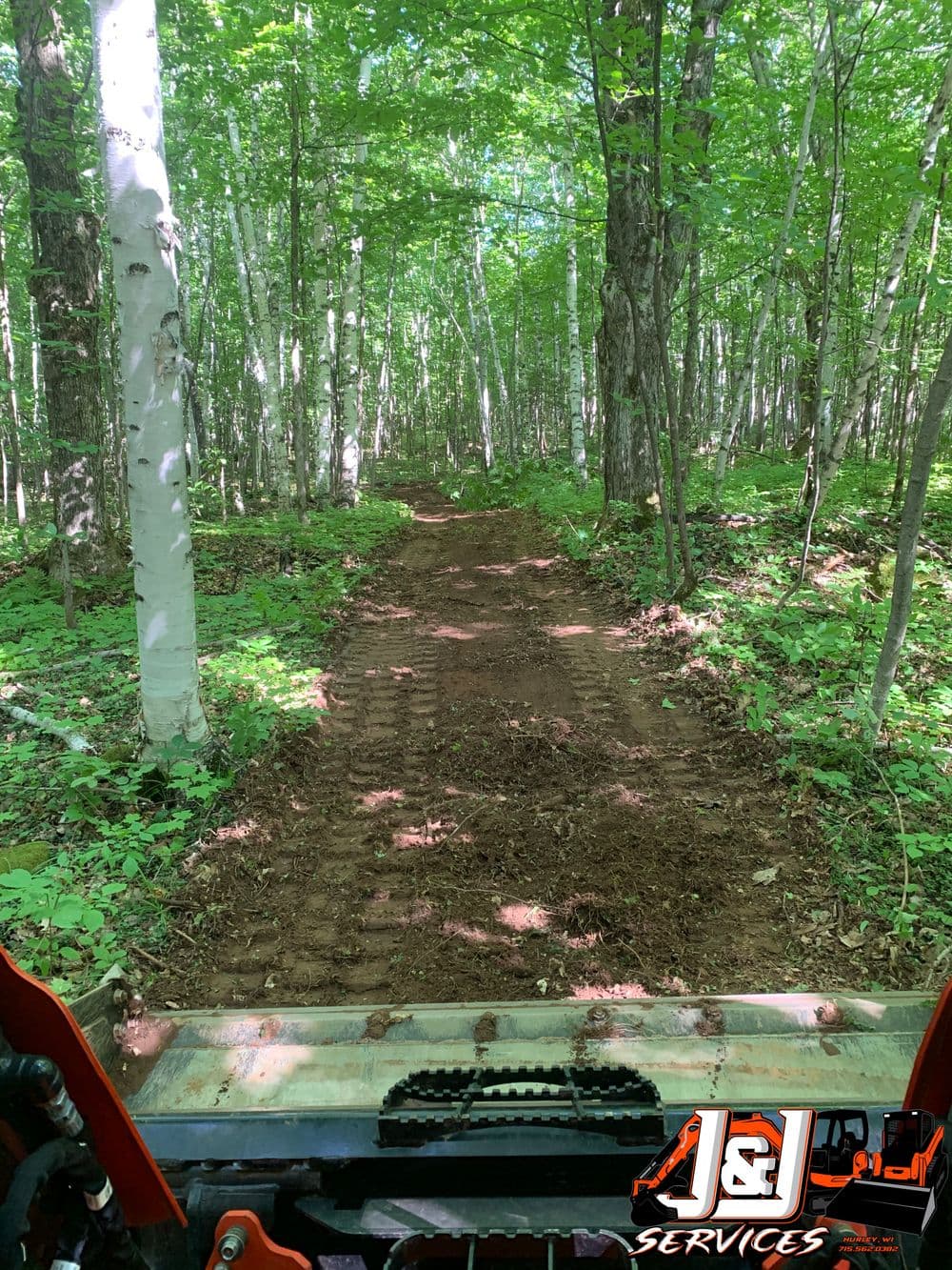 View from a UV vehicle on a newly cleared forest trail surrounded by green trees.