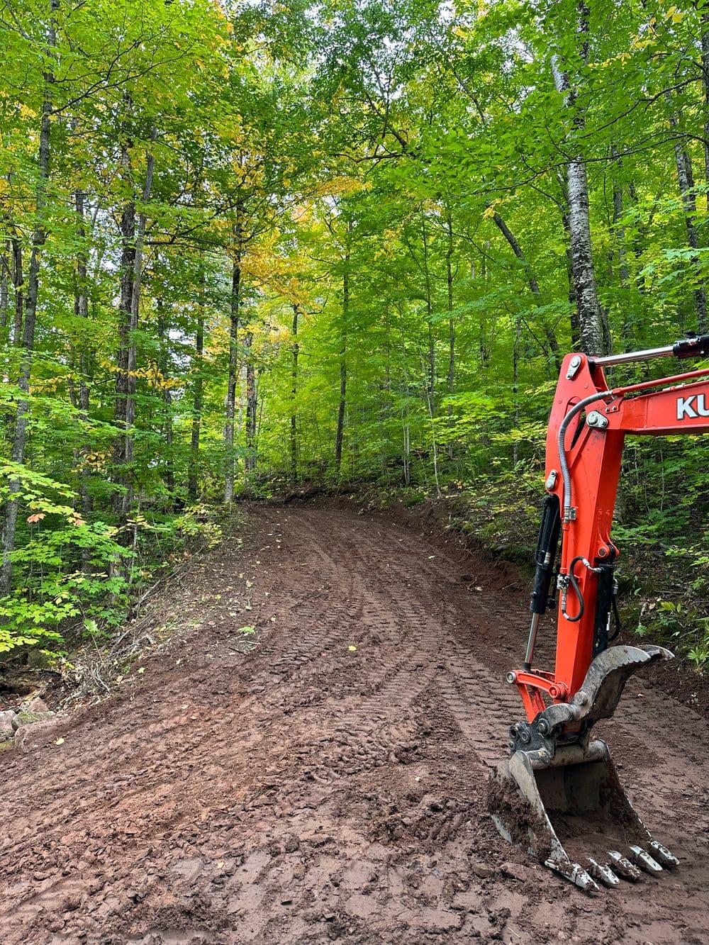 Excavator on dirt path surrounded by lush green trees in forested area.